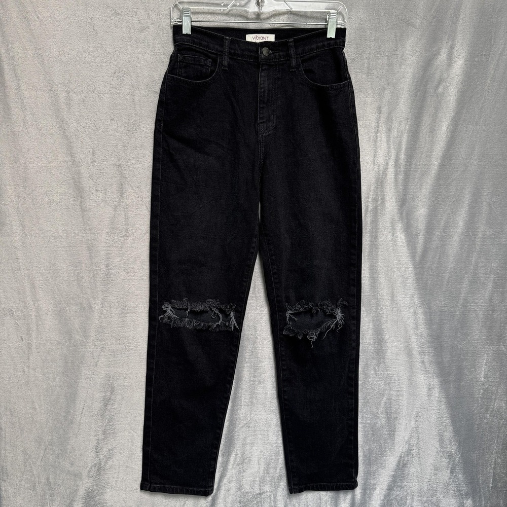 Vibrant MIU Jeans Womens 5 W26‎ Black High Rise Distressed Ripped Knees Mom Fit